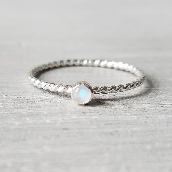 Rainbow Moonstone Ring in Sterling Silver Twist Band